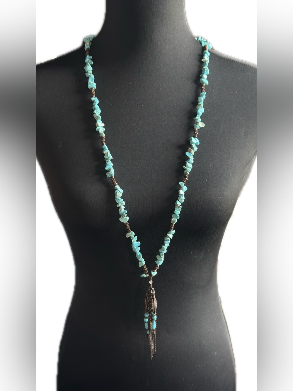 20” adjustable Shyanne Turquoise Chip Long Necklace with Dark Tassel
